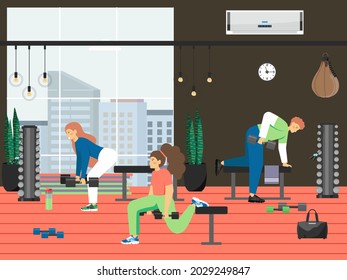 Fitness gym. People doing exercises with dumbbells, flat vector illustration.