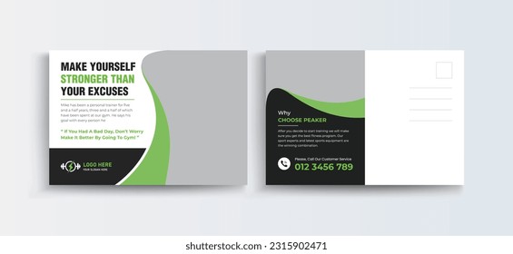 Fitness gym Post Card Design Template, Sports Postcard Template, Vector Template, Professional Business Postcard Design, Event Card Design, Invitation Design, Direct Mail EDDM Template.