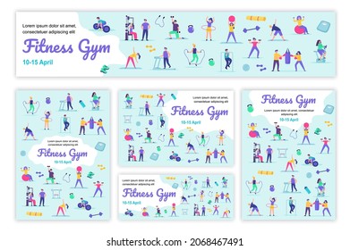 Poster de sport et modèle de bannière. Les hommes et les femmes font des exercices sur l'équipement sportif, la cardio et l'entraînement musculaire. Brochure de couverture avec des personnes minuscules en design plat. Illustration vectorielle.
