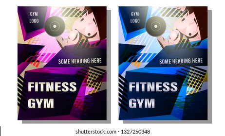 Fitness Gym Poster, Cover. Muscular man, the athlete grips the dumbbell on the background of the abstract gradient geometric shapes with text. Sport vector illustration