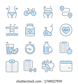 Fitness and Gym related blue line colored icons. Sport and Training icon set.