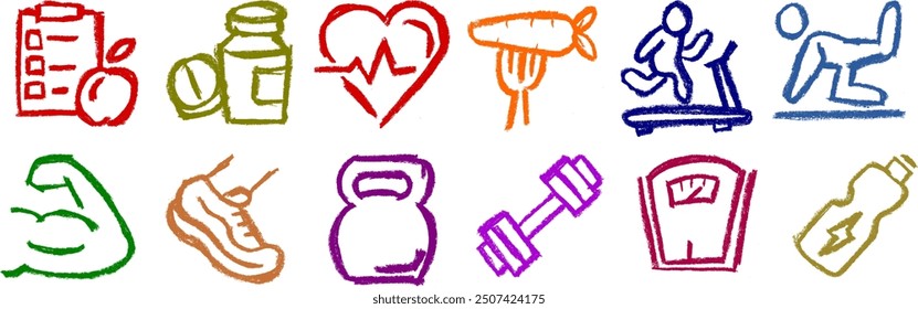 Fitness Gym Related Icons Chalk Crayon Drawing