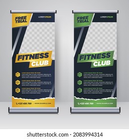 Fitness, gym roll up banner design template	