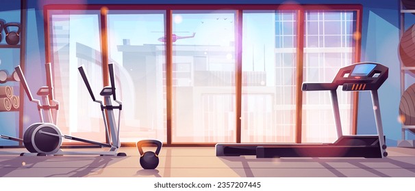 Fitness gym room interior with sport equipment vector background. Activity for cardio workout in training club. Modern bodybuilding hall for active recreation lifestyle and cityscape view from window