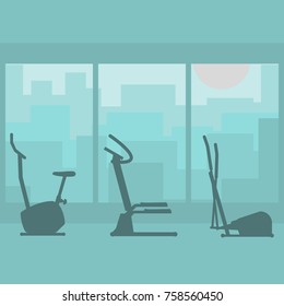 Fitness gym with silhouettes sports equipments. Interior room of fitness center. Set silhouettes of icons exercise bike, stepper, elliptical trainers. Sport club inside in flat style. 

