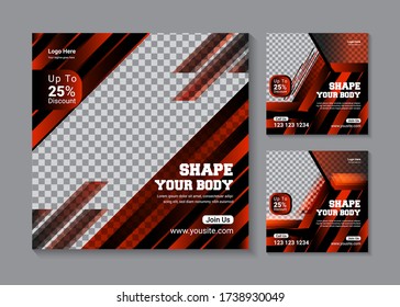 Fitness gym social media banner ad design template set, social media post design, offer banner ad, square vector stories template, colorful square web banner, gym post.