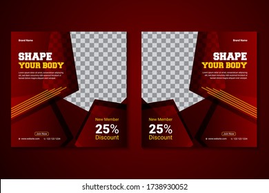 Fitness gym social media banner ad design template set, social media post design, offer banner ad, square vector stories template, colorful square web banner, gym post.