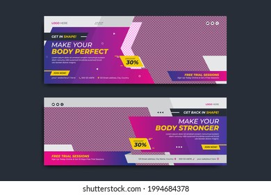 Fitness gym social media banner template. Sport, exercise, workout, health and yoga center business promotion cover design with abstract background. Marketing graphic web post with logo and icon.