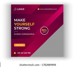 Fitness gym social media post template, fitness gym social media square post design, editable banner template for fitness studio promotion,yourself strong during coronavirus social media post template