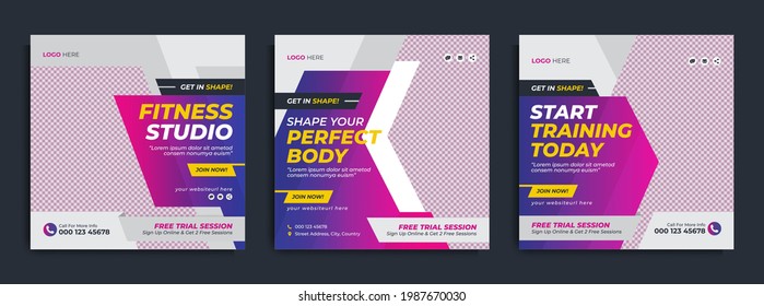 Fitness Gym Social Media Post And Web Banner Template Design. Sport, Exercise, Workout, Health And Yoga Center Business Promotion Flyer. Marketing Poster Graphic Background With Logo And Icon.