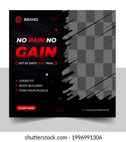 Fitness gym social media post banner template with black and red color, gym social media banner, vector illustration