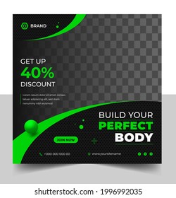 Fitness gym social media post banner template with black and green color, gym social media banner, vector illustration