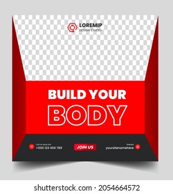 Fitness gym social media post banner template with black and red color, gym social media banner, vector illustration