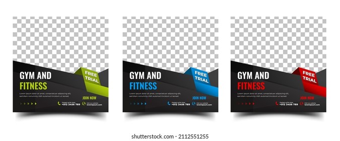 Fitness and gym social media post design template. Editable modern square banner with place for the photo. Usable for social media post, banner, and web.