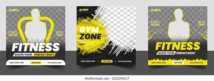 Fitness gym social media post banner template with black and yellow color, gym, Workout, fitness and Sports social media post banner, fitness gym social media post banner design.