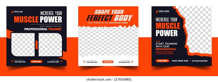 Fitness gym social media post banner template with black and orange color, gym, Workout, fitness and Sports social media post banner, fitness gym social media post banner design. - Shutterstock ID 2170558801