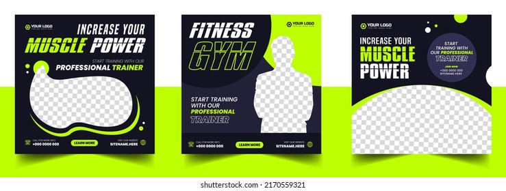 Fitness gym social media post banner template with black and green color, gym, Workout, fitness and Sports social media post banner, fitness gym social media post banner design.