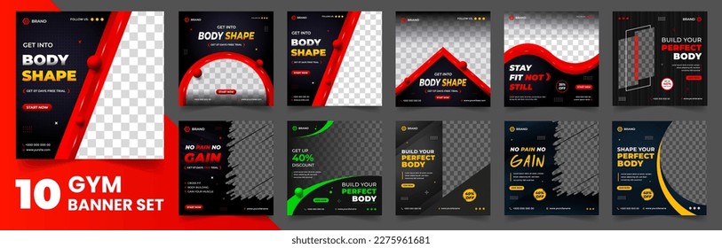 Fitness gym social media post banner template set of 10 big mega collection bundle. gym, Workout, fitness and Sports social media post banner set, fitness gym social media post banner bundle