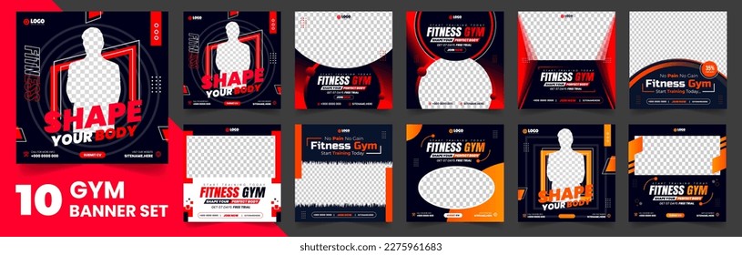 Fitness gym social media post banner template set of 10 big mega collection bundle. gym, Workout, fitness and Sports social media post banner set, fitness gym social media post banner bundle