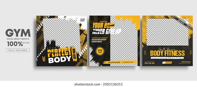 Fitness gym social media post banner template with gym equipment, gym, workout, fitness, and sports social media post banner design.