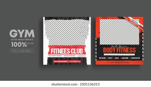 Fitness gym social media post banner template with gym equipment, gym, workout, fitness, and sports social media post banner design.