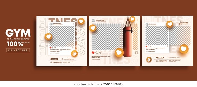 Fitness gym social media post template design with gym equipment. Flyer or poster for fitness club offer promotion.