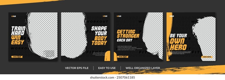 Fitness gym social media post template, set of workout sports banner 