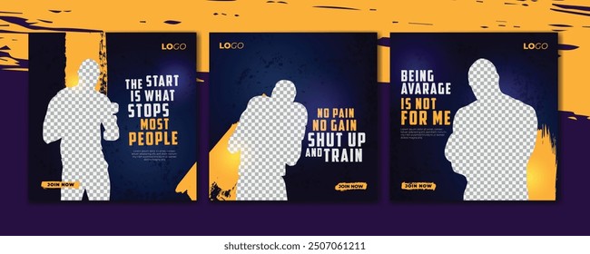 Fitness gym social media post template, set of workout sports banner 