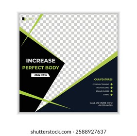 Fitness gym social media post banner template with black and green color, gym, Workout, fitness and Sports social media post banner.