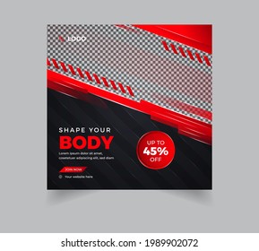 Fitness Gym social media poster design with red color shape