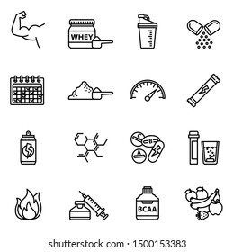 Fitness, gym, sport supplements icons set. Sport nutrition for power, protein and vitamin for fitness. Thin line style stock vector.