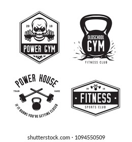 Fitness gym sports club labels emblems badges set. Monochrome design elements including skull, hammer, kettlebell. Vector vintage illustration.