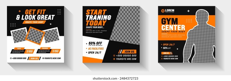 Fitness Gym, Sport oder Workout Übung Stilvolle Grafiken Social Media Post Banner Design Vorlage Set mit orange und schwarz. Gym und Fitness Square Promotion Banner Set.