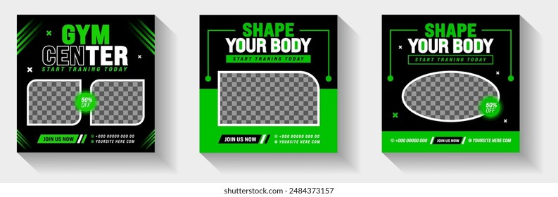 Fitness Gimnasio, Deportes o Ejercicio de entrenamiento Gráficos estilosos medios sociales post Anuncio diseño conjunto de Plantilla con color verde y negro. gimnasio y fitness cuadrado promoción conjunto de Anuncio.