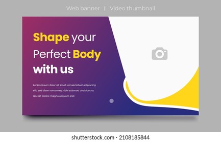 Fitness gym thumbnail design web banner template. exercise yoga class social media banner. video thumbnail cover photo.