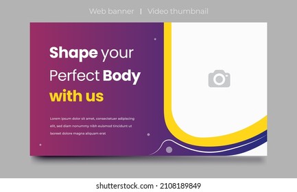 Fitness gym thumbnail design web banner template. exercise yoga class social media banner. video thumbnail cover photo.