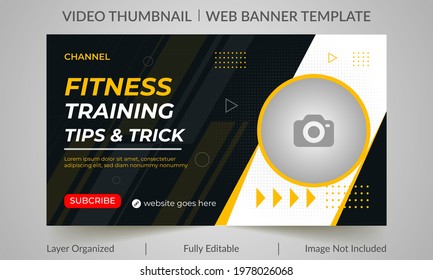 Fitness gym training class thumbnail design for any videos. Fitness gym customizable video thumbnail and web banner template. Video cover photo template for social media