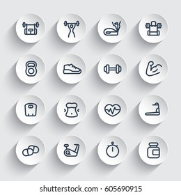 fitness and gym training icons set, linear style, workout, bodybuilding and sport