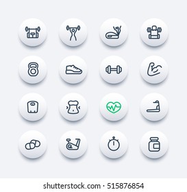 fitness and gym training line icons set, workout, exercise, trainers, bodybuilding, diet, sport nutrition, vector illustration