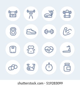 fitness and gym training line icons isolated over white