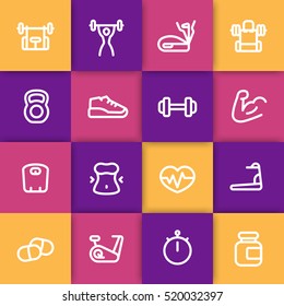 fitness and gym training line icons set, workout, exercise, trainers, sport nutrition, vector illustration