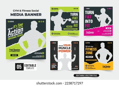 Fitness gym training session advertisement template bundle with dark and green colors. Gym business social media post design collection for digital marketing. Gym workout web banner template set.