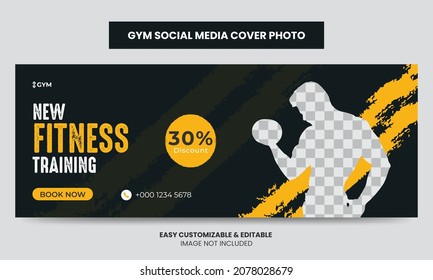 Fitness gym training social media cover photo template. Gym agency social media timeline web banner 