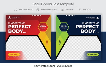 Fitness GYM training social media post template Design. Creative Web banner template. Editable Social Media Banners Post Template. Social Media Promotional post design Template.