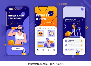 Fitness gym unique design kit for social networks stories. Sports club, healthy lifestyle and training mobile screens for app. UI UX layouts vector illustration. GUI set with people characters.