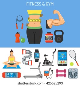 Fitness & Gym Vector Concept for Mobile Applications, Web Site, Advertising like Waist, Exercise Bike, Dumbbells, Treadmill and Scales.