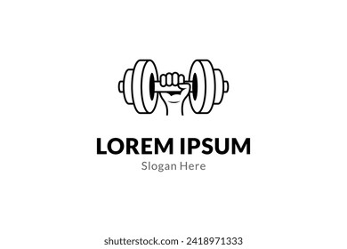fitness gym vector design logo hand lifting steel dumbbell isolated on white background.