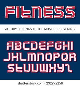 Fitness and gym Vector font with shadow. Alphabet for college sport team. Letters for icons, workout logotypes, design elements. Keep fit.