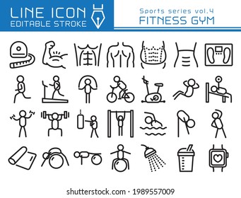 Fitness gym vector icon set. Editable line stroke.