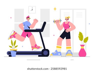 Fitness and Gym Vector Illustration Featuring Exercise, Wellness, Mental Health, Healthcare, and a Healthy Lifestyle in a Flat Style Background